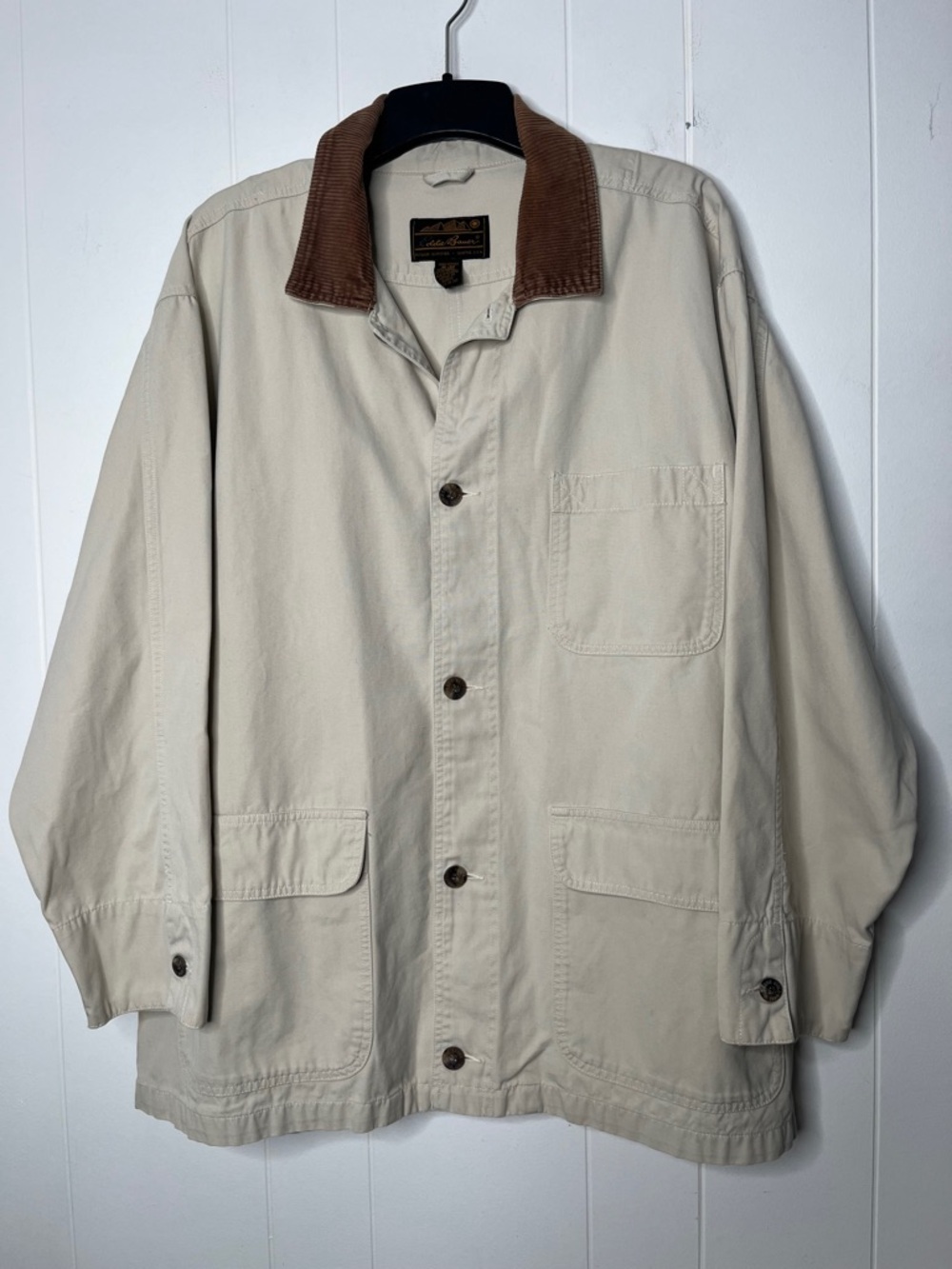 Vintage 90s Eddie Bauer Men's Beige Work Jacket with Brown Corduroy Collar XL